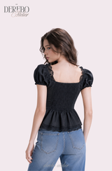 Black lace square short-sleeve blouse