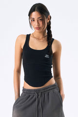 Womens ラウンドカバーステッチタンクトップ (Black)