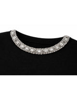 Aria Beaded Point Short Sleeve Puff Knit Top Black