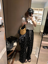 Lace ribbon banding wide pants