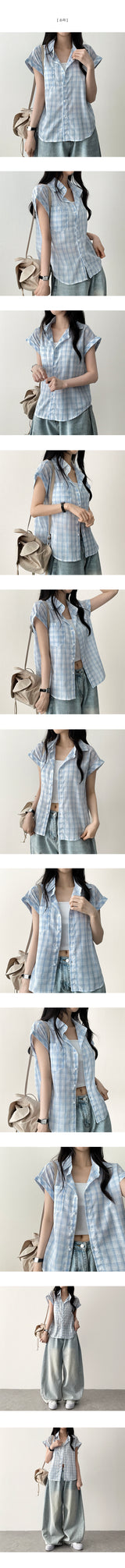 Retro Mood Sleeve Roll-Up Checkered Shirt Blouse