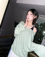 (3color) Ribbon Deep Slit Loose Fit Summer Long Sleeve Tee