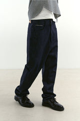 ナチュラルハイウェストバギーフィットデニムパンツ (Navy)