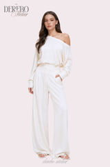 ワッフル アシンメトリカル オフショルダー スウェットパンツ セット (TOP+PANTS SET)