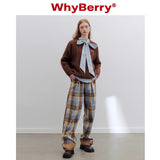 WhyBerry 22AW”レトロな英国風デニムアメリカンチェック柄パンツカジュアルワイドレッグパンツ