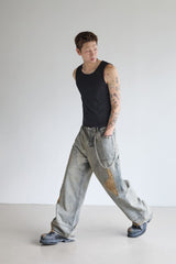 DOUBLE-KNEE CRACK-WASHED DENIM PANTS