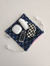 denim ribbon string pouch - deep blue M