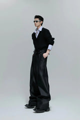 Glossy Pleated Straight Leg Trousers