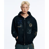 Multi-Print Crop Hoodie Zip-Up - Navy