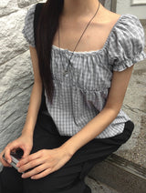[Scrunch SET ] Unru Puff Shirring Layered Button Blouse