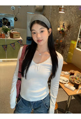 Pearl Bow V-neck V-neck V-neck Long Sleeve T-shirt