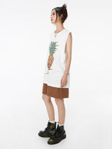 Fruit print casual loose round neck sleeveless vest.