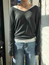 Deep V-neck see-through knit (6c)