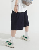 Pintuck Wide Raw Denim Bermuda Pants