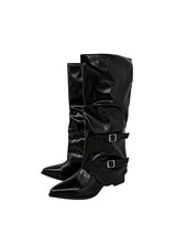 Double Buckle Shirred Stiletto Long Boots