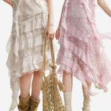 MAQI Frill Lace Asymmetrical Chiffon Resort Look Tiered Long Skirt