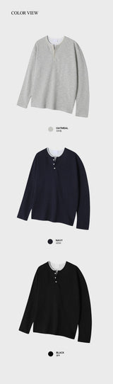 Look Rogane Color-Block Layered Henley Neck Waffle Long Sleeve T-Shirt
