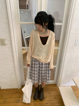 Luije Summer Check Shirring Flower Midi Banding Skirt
