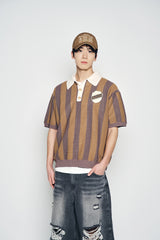 25SS COLLAR POINT STRIPE SHORT SLEEVE KNIT BROWN