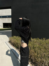 Halter collar sleeveless & long sleeve cropped knit two-piece set (2 colors)