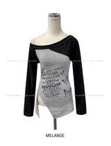 バターフルレタリングアンバランスオフショルダー長袖Tシャツ
