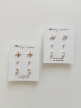 [3-Set] Simple Cross Pearl Earring Set / Daily Cubic Mini Wedding Guest Look
