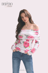 Pink rose off-shoulder long-sleeve top