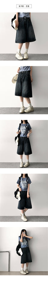 Shumi waistband denim wide Bermuda shorts [Short & basic choice]