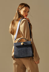 LAZEL CROC flap tote leather bag / Wani Navy