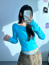 オープンバック セミクロップ 長袖Tシャツ💙🤍🖤 - 3カラー