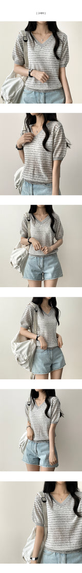 Lean-Linen カラーストライプダンガラ半袖ニット [Round Neck & V-Neck]