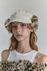 FUR EARFLAP CAP IN IVORY LEOPARD