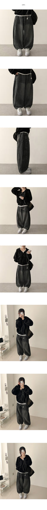 Loen pocket incision line washing balloon wide denim pants