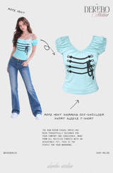 Rope Mint Shirring Off-Shoulder Short Sleeve T-Shirt
