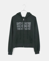 Jibil Rhinestone US フラッグクロップドロングスリーブフーディージップアップ
