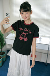 26SS★ チェリーキャッツクロップリンガー半袖Tシャツ