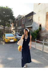 Navy Halterneck Flower Long Dress