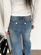 Rivet eyelet punching washed wide denim pants (Denim)