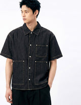 Oversized Pocket Short-Sleeve Denim Shirt Black