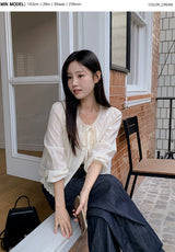 #Autumn Lace Ribbon Long Sleeve Blouse (2color)