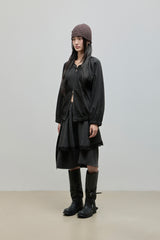 Shirring Zip-up Blouse Jumper_Black