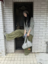 カーキ カーゴ ワイドレッグ ストレート パンツ