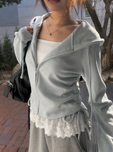 Hoan Lace Sleeveless Shirring Hood Zip-Up
