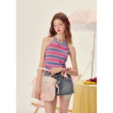 [Girly Fancy Club] Rainbow shoulder-slashing neck blouse