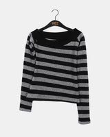 ノッキンストライプワンショルダーアンバランシードニットTシャツ