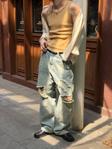 [Unisex] ライトブルーダメージワイドデニムパンツ