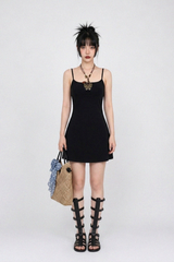 BACK OPEN FLARE MINI DRESS IN BLACK
