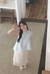 [ mist touch ] obisi ribbon shirring chiffon bl