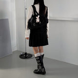 Six buckle belt long worker leather boots