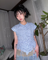 (2color) Ruffle Shirring Check Cap Blouse